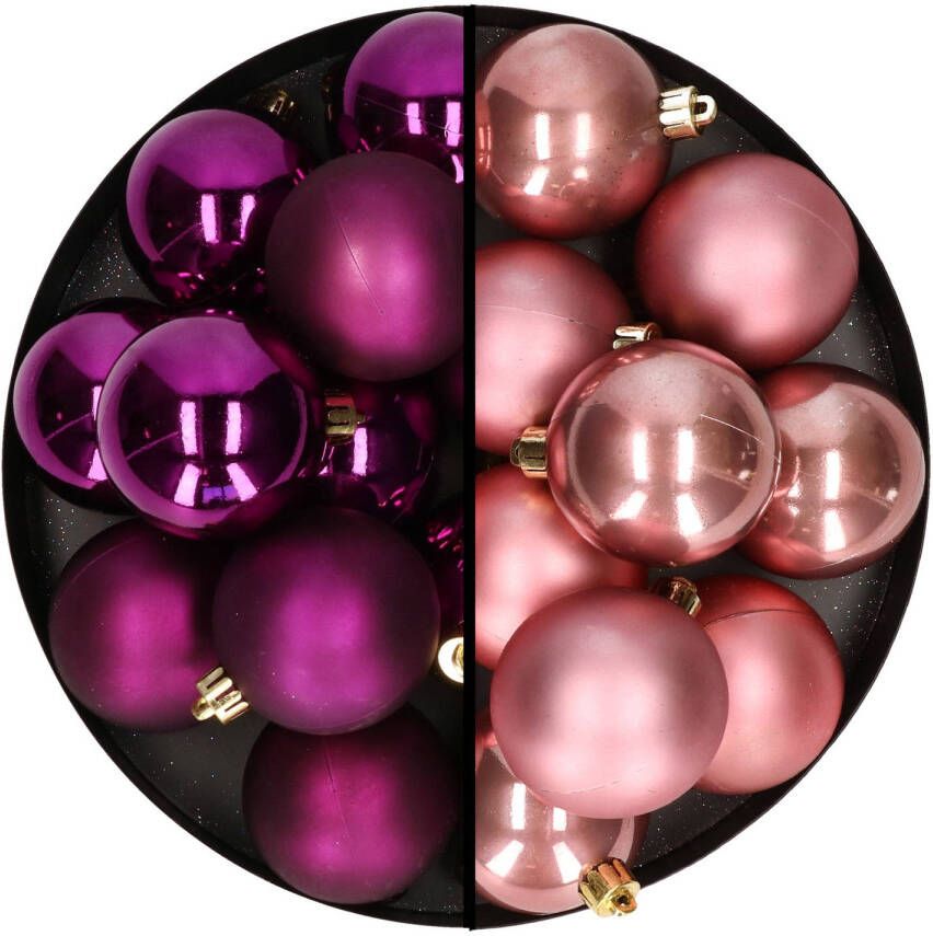 Decoris Kerstballen 24x stuks mix oudroze en paars 6 cm kunststof Kerstbal