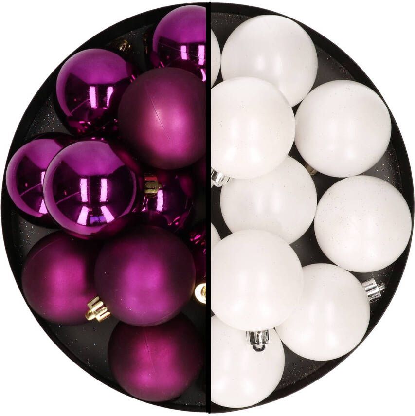 Decoris Kerstballen 24x stuks mix winter wit en paars 6 cm kunststof Kerstbal