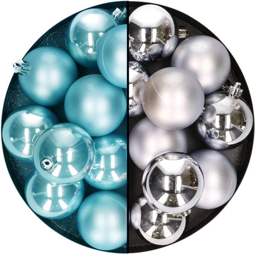 Decoris Kerstballen 24x stuks mix zilver en ijsblauw 6 cm kunststof Kerstbal