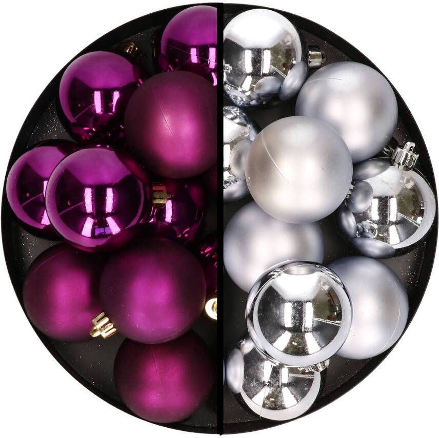 Decoris Kerstballen 24x stuks mix zilver en paars 6 cm kunststof Kerstbal