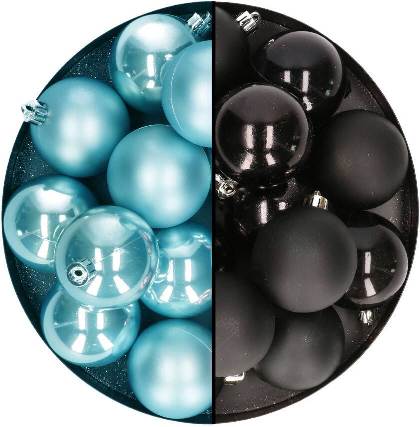 Decoris Kerstballen 24x stuks mix zwart en ijsblauw 6 cm kunststof Kerstbal