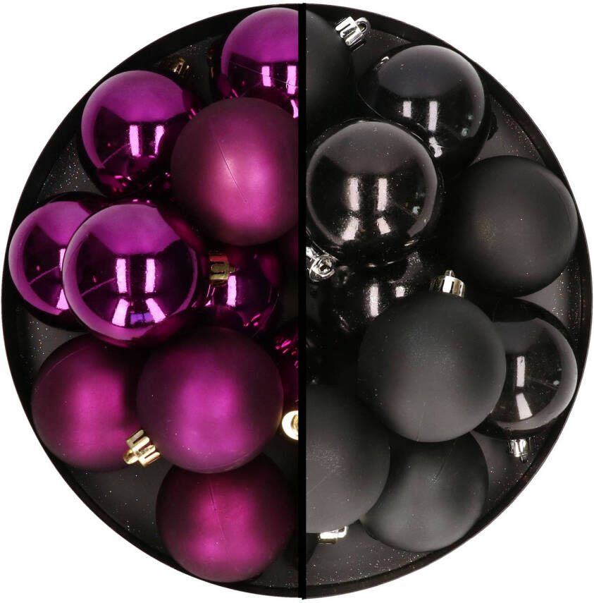 Decoris Kerstballen 24x stuks mix zwart en paars 6 cm kunststof Kerstbal