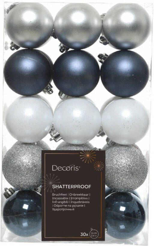 Decoris kerstballen 30x donkerblauw wit zilver 6 cm -kunststof Kerstbal