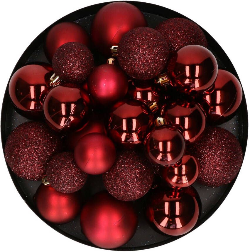 Decoris Kerstballen 30x donkerrood 4 5 6 cm kunststof mat-glans-glitter Kerstbal