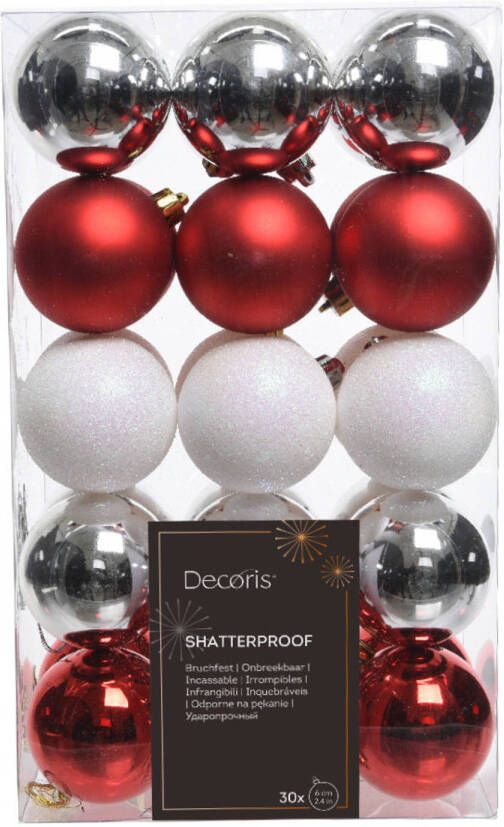 Decoris kerstballen 30x rood wit parelmoer zilver- 6 cm -kunststof Kerstbal