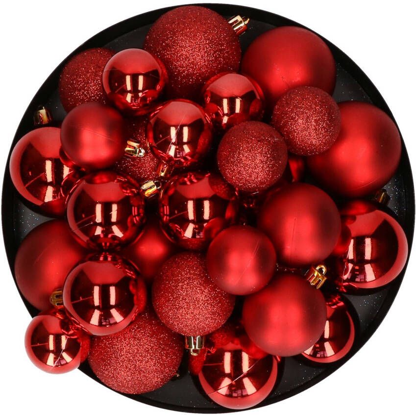 Decoris Kerstballen 30x st rood 4 5 6 cm kunststof mat-glans-glitter Kerstbal
