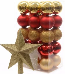 Decoris Kerstballen 30x Stuks 6 Cm Rood-goud Met Ster Piek Goud Kunststof Kerstbal