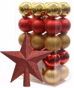 Decoris Kerstballen 30x Stuks 6 Cm Rood-goud Met Ster Piek Rood Kunststof Kerstbal