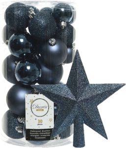 Decoris kerstballen 30x stuks donkerblauw 4 5 6 cm kunststof mat glans glitter mix en piek Kerstbal