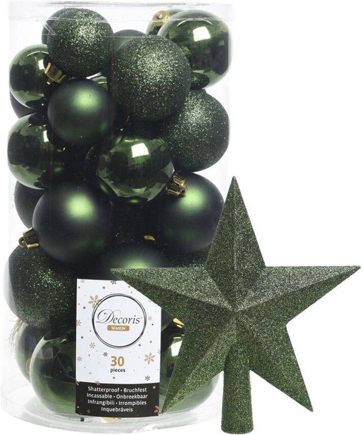 Decoris kerstballen 30x stuks donkergroen 4 5 6 cm kunststof mat glans glitter mix en piek Kerstbal