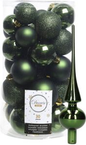 Decoris Kerstballen 30x Stuks Donkergroen 4 5 6 Cm Kunststof Mat glans glitter Mix En Piek Kerstbal