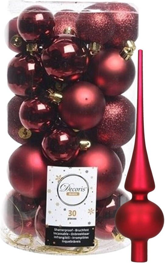 Decoris kerstballen 30x stuks donkerrood 4 5 6 cm kunststof mat glans glitter mix en piek Kerstbal