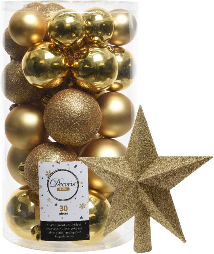 Decoris kerstballen 30x stuks goud 4 5 6 cm kunststof mat glans glitter mix en piek Kerstbal