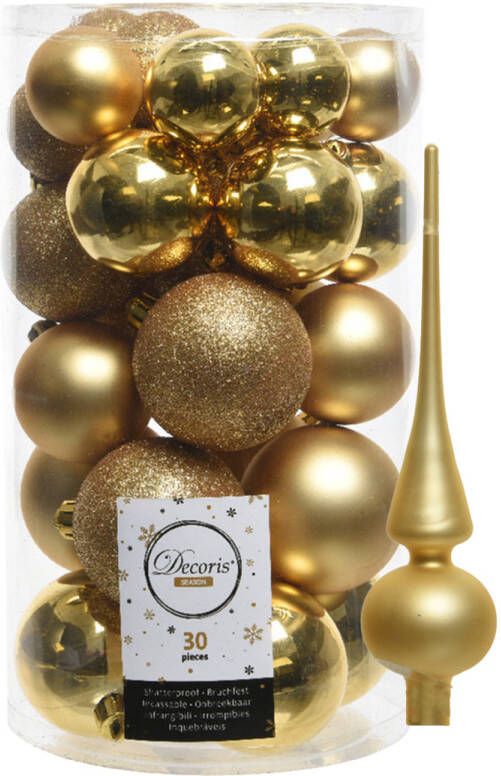 Decoris kerstballen 30x stuks goud 4 5 6 cm kunststof mat glans glitter mix en piek Kerstbal