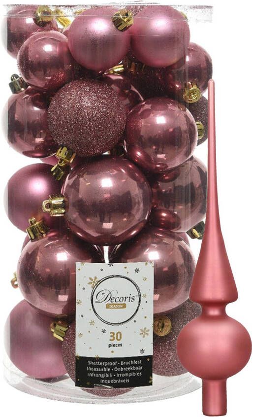 Decoris kerstballen 30x stuks oud roze 4 5 6 cm kunststof mat glans glitter mix en piek Kerstbal