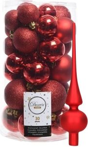Decoris Kerstballen 30x Stuks Rood 4 5 6 Cm Kunststof Mat glans glitter Mix En Piek Kerstbal