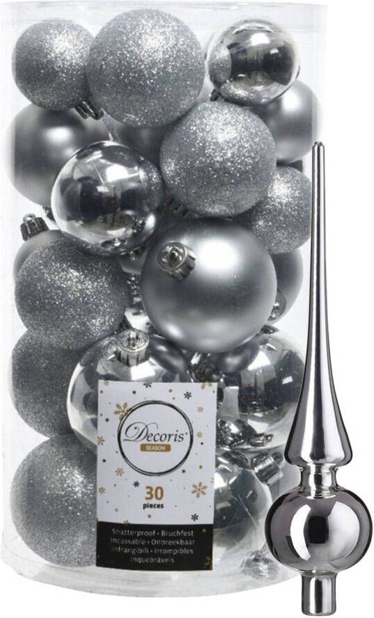 Decoris kerstballen 30x stuks zilver 4 5 6 cm kunststof mat glans glitter mix en piek Kerstbal