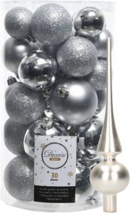 Decoris Kerstballen 30x Stuks Zilver 4 5 6 Cm Kunststof Mat glans glitter Mix En Piek Kerstbal