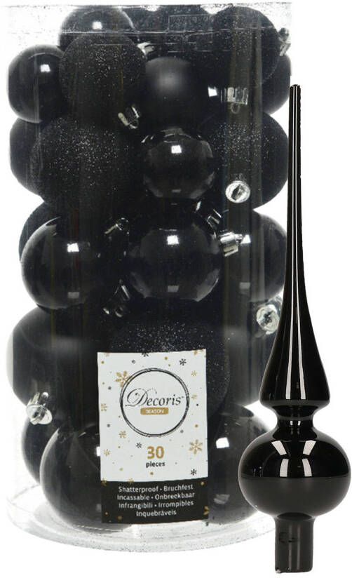 Decoris kerstballen 30x stuks zwart 4 5 6 cm kunststof mat glans glitter mix en piek Kerstbal