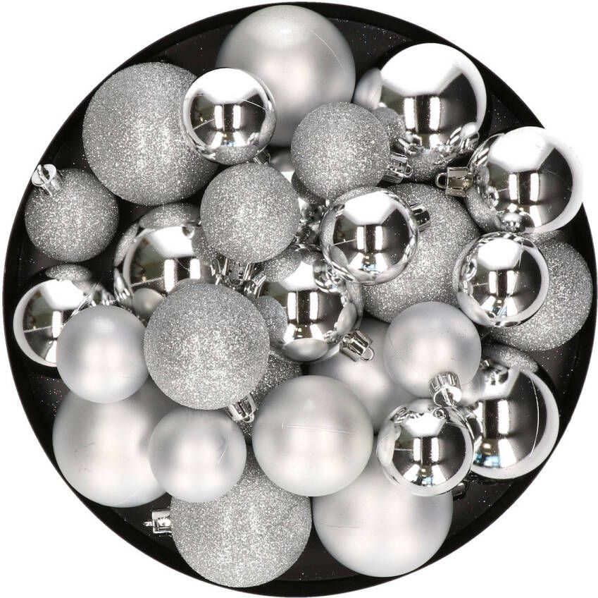 Decoris Kerstballen 30x zilver 4 5 6 cm kunststof mat-glans-glitter Kerstbal