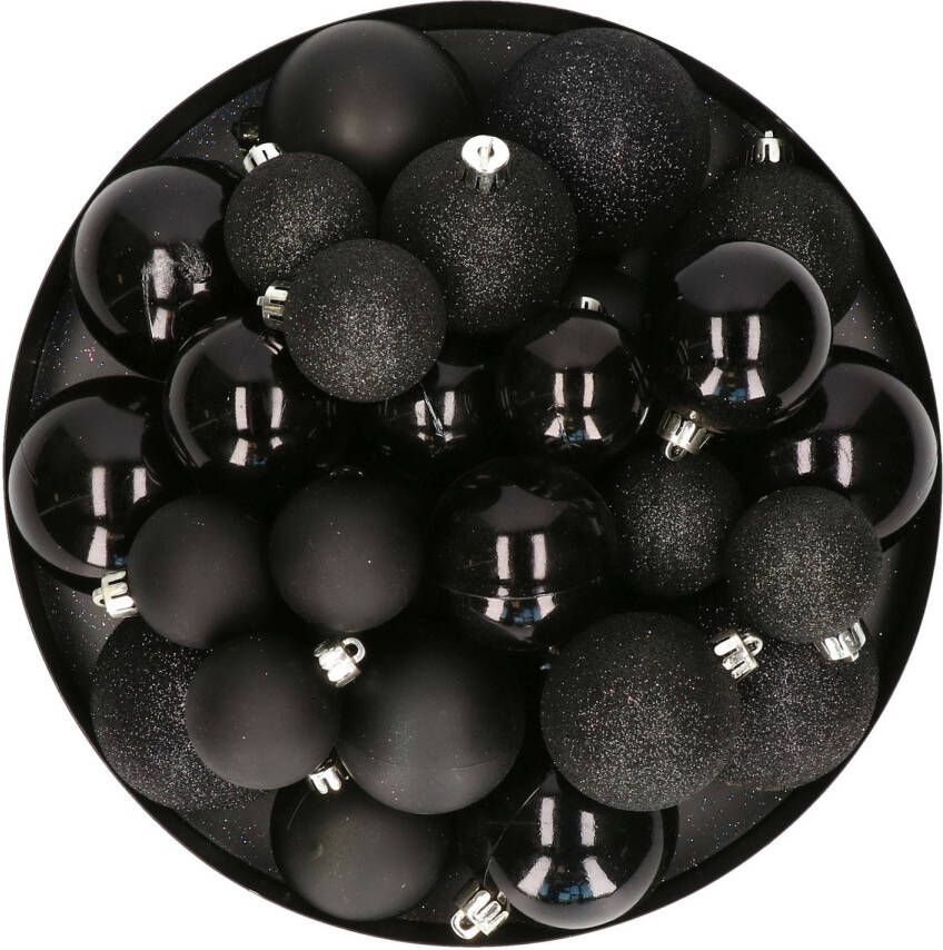 Decoris Kerstballen 30x zwart 4 5 6 cm kunststof mat-glans-glitter Kerstbal