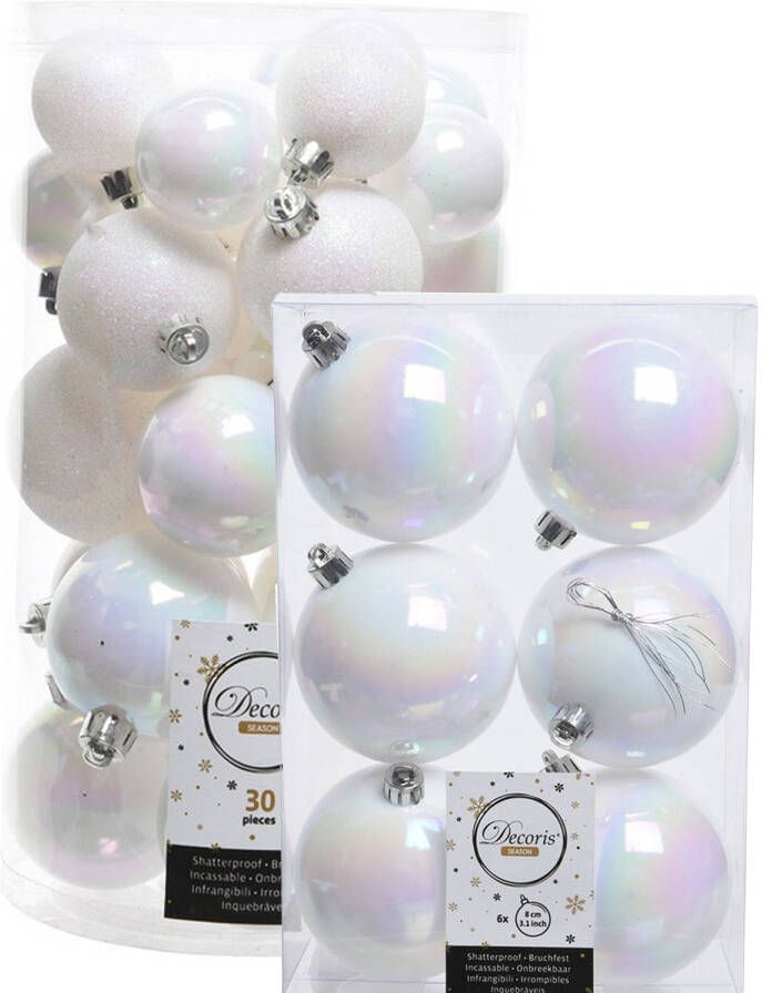 Decoris kerstballen 36x stuks parelmoer wit kunststof 4-5-6-8 cm Kerstbal