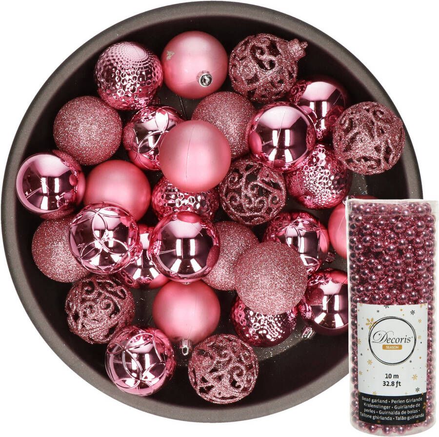 Decoris Kerstballen 37x stuks 6 cm incl. kralenslinger 10 m roze kunststof Kerstbal