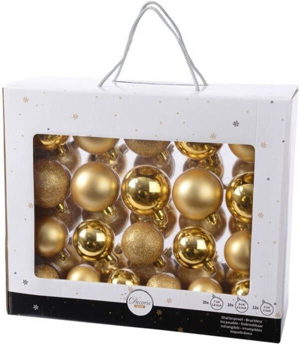 Decoris Kunststof kerstballen mix goud 42 delig glimmend en glitter Kerstbal