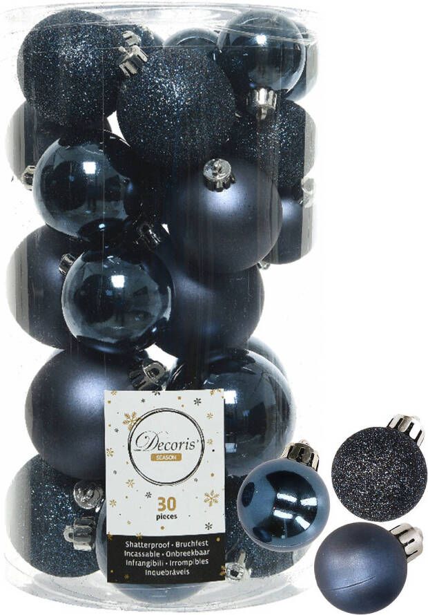 Decoris kerstballen 44x stuks donkerblauw 3-4-5-6 cm kunststof Kerstbal