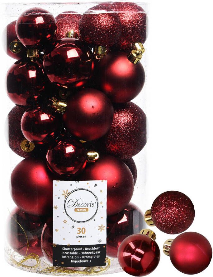 Decoris kerstballen 44x stuks donkerrood 3-4-5-6 cm kunststof Kerstbal