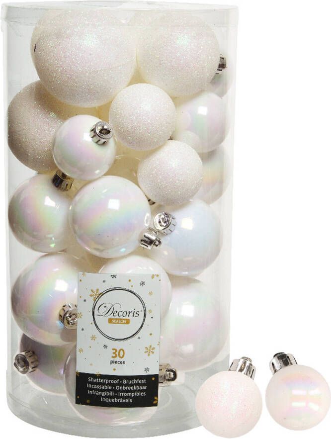 Decoris kerstballen 44x stuks parelmoer wit 3-4-5-6 cm kunststof Kerstbal