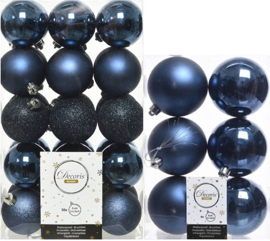 Decoris kerstballen 46x stuks donkerblauw 6 en 8 cm kunststof Kerstbal