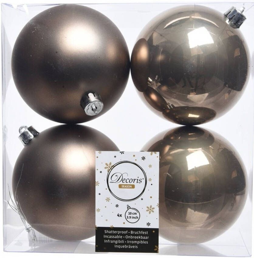 Decoris 4x Kunststof kerstballen glanzend mat Kasjmier bruin 10 cm kerstboom versiering decoratie Kerstbal