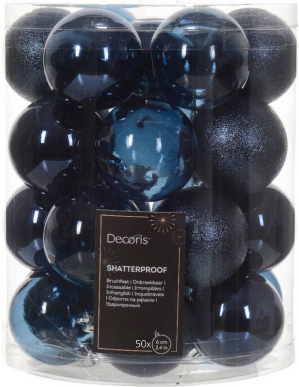 Decoris kerstballen 50x stuks 6 cm kunststof -donkerblauw Kerstbal