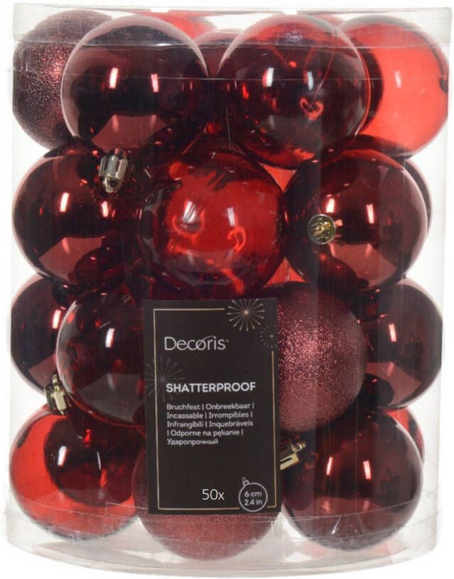 Decoris kerstballen 50x stuks 6 cm kunststof -donkerrood Kerstbal
