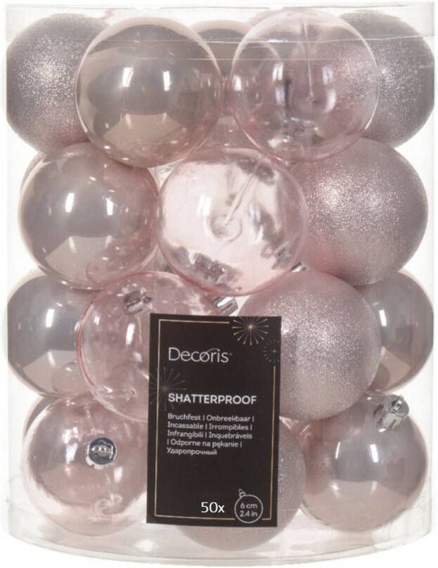 Decoris kerstballen 50x stuks 6 cm kunststof -lichtroze Kerstbal