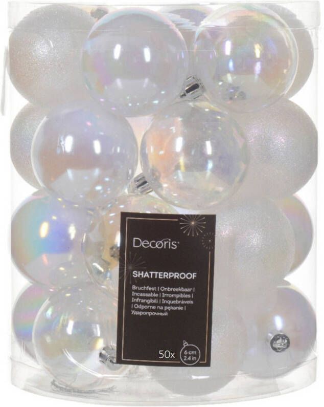 Decoris kerstballen 50x stuks 6 cm kunststof -transparant parelmoer Kerstbal
