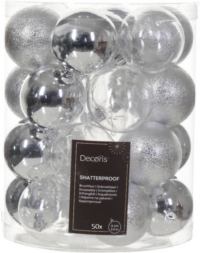 Decoris kerstballen 50x stuks 6 cm kunststof -zilver Kerstbal