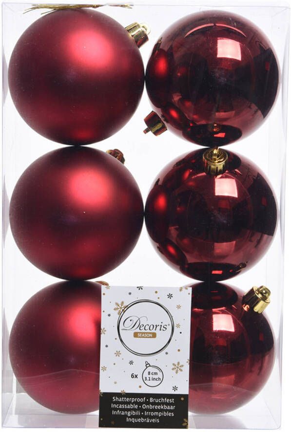 Decoris 6x Kunststof kerstballen glanzend mat donkerrood 8 cm kerstboom versiering decoratie Kerstbal