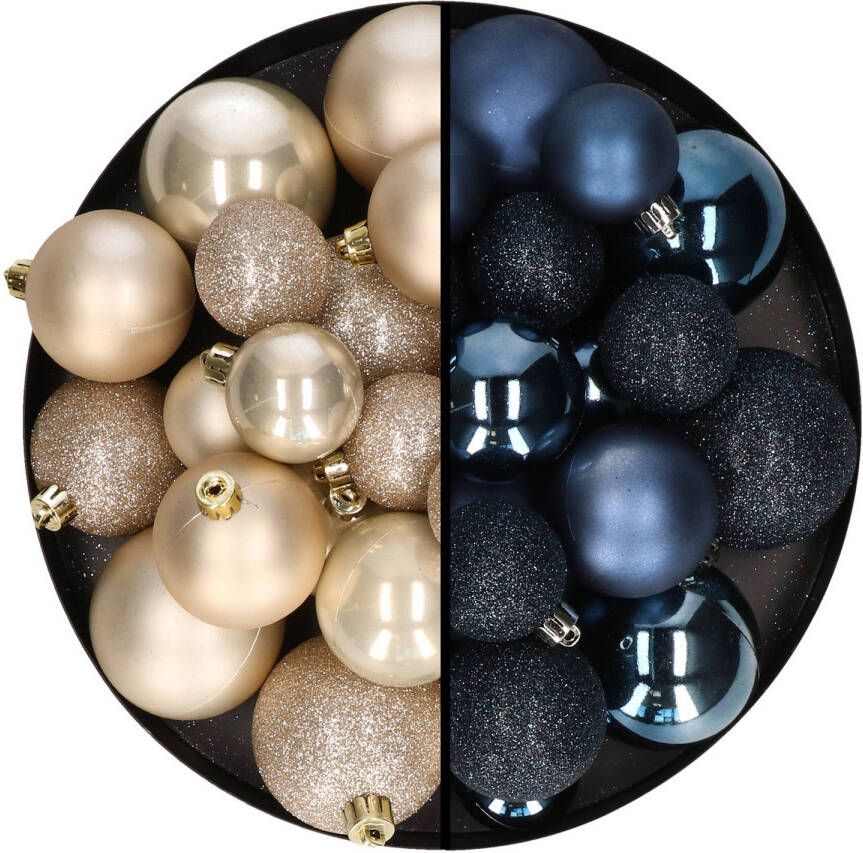 Decoris Kerstballen 60x stuks mix donkerblauw champagne 4-5-6 cm kunststof Kerstbal