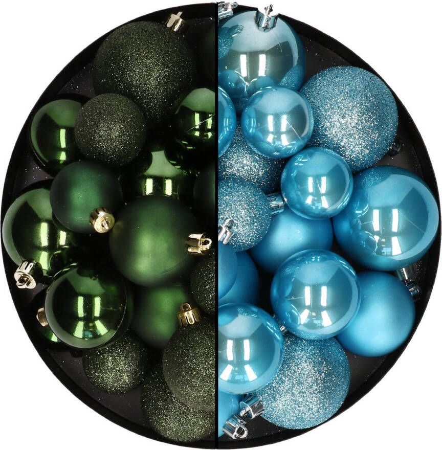 Decoris Kerstballen 60x stuks mix donkergroen ijsblauw 4-5-6 cm kunststof Kerstbal