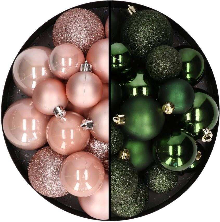 Decoris Kerstballen 60x stuks mix donkergroen lichtroze 4-5-6 cm kunststof Kerstbal