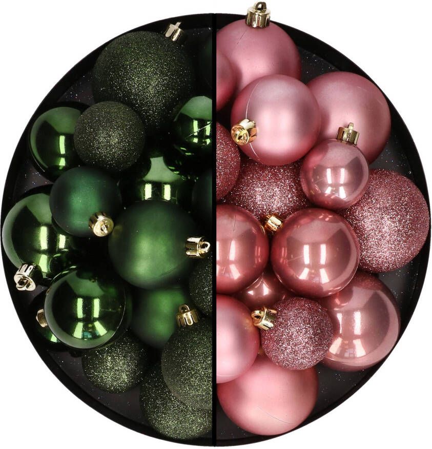 Decoris Kerstballen 60x stuks mix donkergroen oudroze 4-5-6 cm kunststof Kerstbal