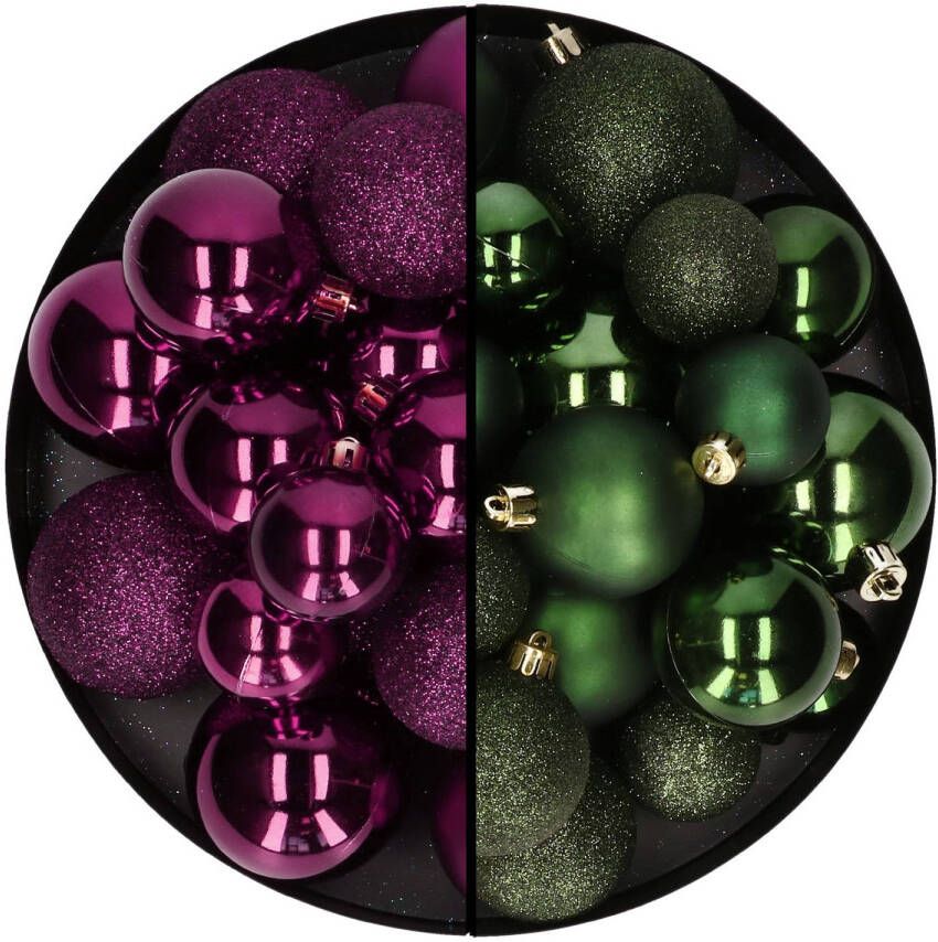 Decoris Kerstballen 60x stuks mix donkergroen paars 4-5-6 cm kunststof Kerstbal