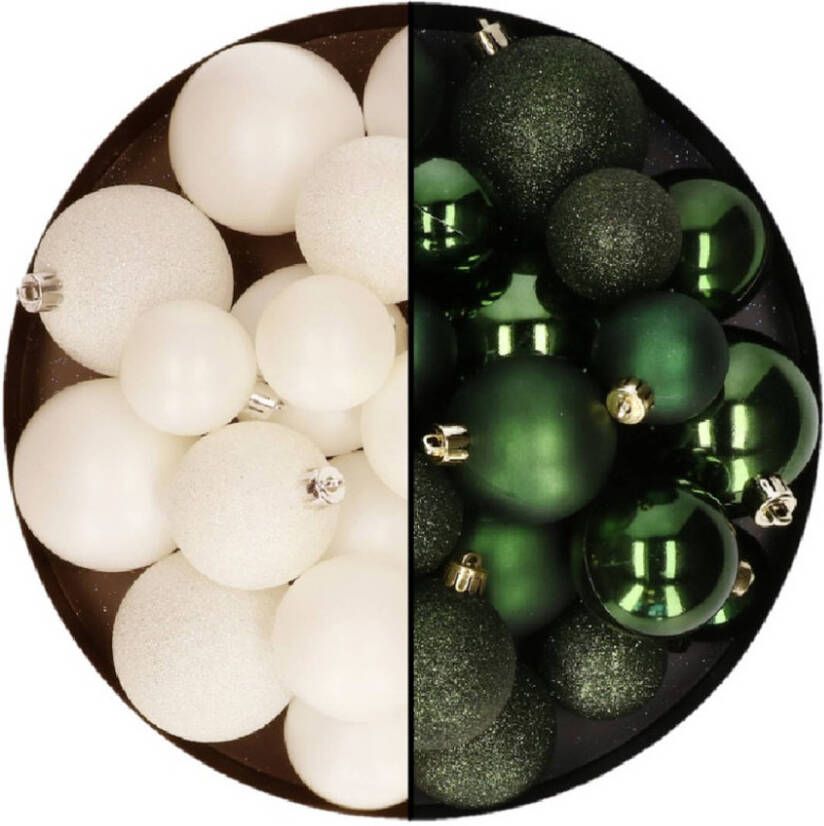 Decoris Kerstballen 60x stuks mix donkergroen wol wit 4-5-6 cm kunststof Kerstbal