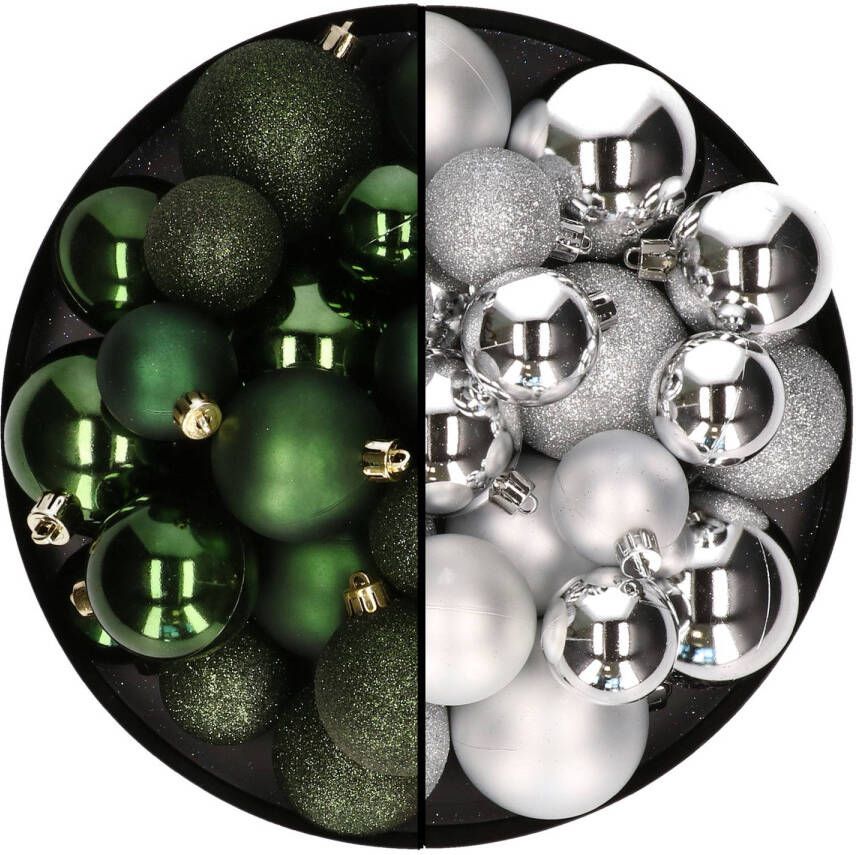 Decoris Kerstballen 60x stuks mix donkergroen zilver 4-5-6 cm kunststof Kerstbal