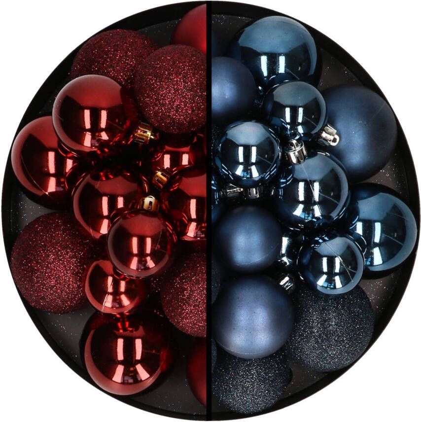Decoris Kerstballen 60x stuks mix donkerrood donkerblauw 4-5-6 cm kunststof Kerstbal