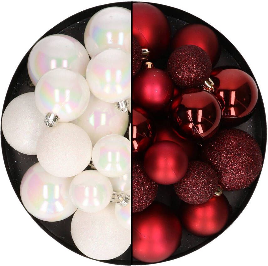 Decoris Kerstballen 60x stuks mix donkerrood parelmoer wit 4-5-6 cm kunststof Kerstbal