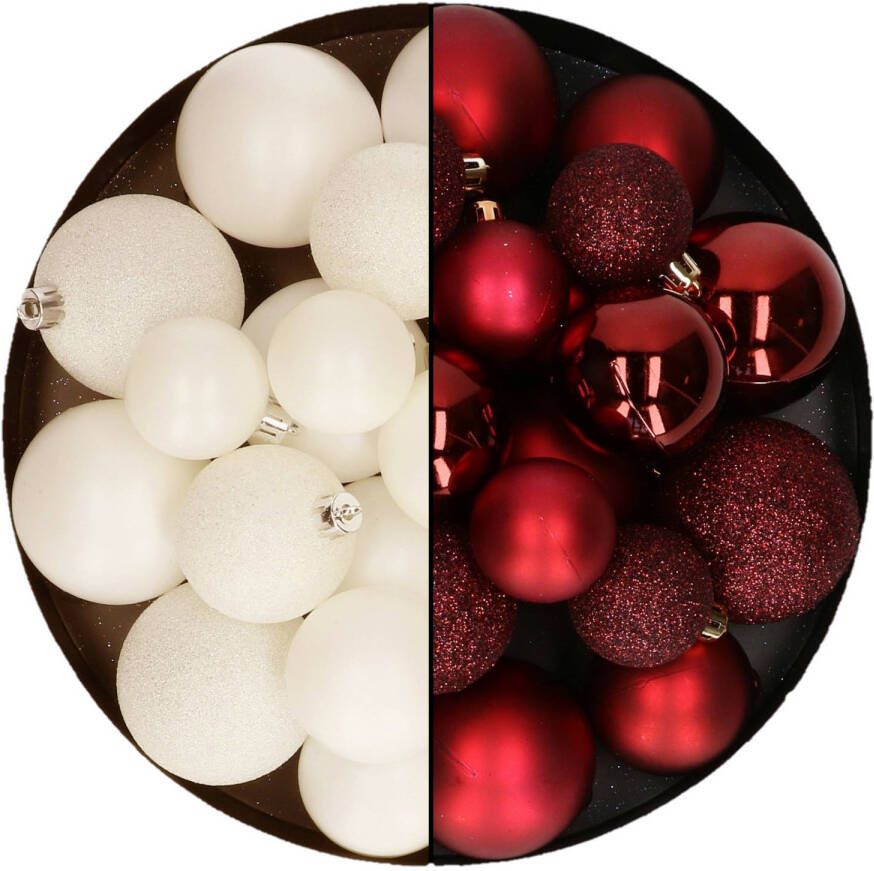 Decoris Kerstballen 60x stuks mix donkerrood wol wit 4-5-6 cm kunststof Kerstbal