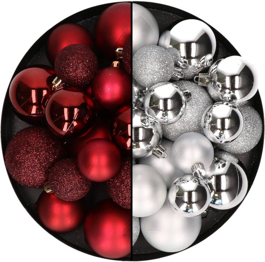 Decoris Kerstballen 60x stuks mix donkerrood zilver 4-5-6 cm kunststof Kerstbal